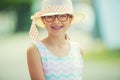 Girl.Happy girl teen pre teen. Girl with glasses. Girl with teeth braces. Young cute caucasian blond girl in summer outfit Royalty Free Stock Photo