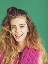 Girl, happy model with natural, long hair in pink boa Royalty Free Stock Photo