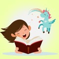Girl happy reading book with unicorn flying out question vector graphics