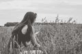 Girl harvest wheat spikelets on the field