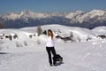 The girl has fun on the white snow, on a beautiful sunny day with the sled Royalty Free Stock Photo