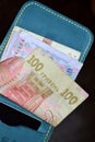 the girl has a purse with Ukrainian money in her hands Royalty Free Stock Photo