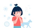 Girl has seasonal allergy or cold. Spring summer sneeze, asthma on pollen. Allergic person and allergens, pet, flowers