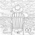 Girl in a hat on the beach on a lounger. Back view.Coloring book antistress for children and adults. Royalty Free Stock Photo