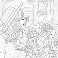 Girl in a hat with a butterfly on her nose among the flowers.Coloring book antistress for children and adults.