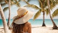 girl in hat with her back relaxation holiday elegance elegance leaves attractive ocean lifestyle