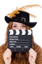 Girl in hat holding clapperboard isolated on white Royalty Free Stock Photo