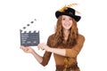 Girl in hat holding clapperboard isolated on white