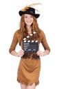 Girl in hat holding clapperboard isolated on white Royalty Free Stock Photo