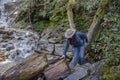 Girl in a hat passing the river in Great Smoky Mountains National Park Gatlinburg USA Royalty Free Stock Photo