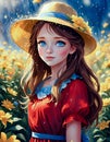 girl with hat in the rain among flowers - ai generated image Royalty Free Stock Photo