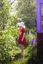 A girl in hat and red dress walking in a small garden in the countryside at summer. Royalty Free Stock Photo