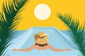 Girl in hat relaxing in swimming pool under palm leaves. Summer travel and vacation. Modern hand drawn vector in flat style. Hello