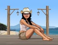 Girl in a hat sitting on a pier in the sea Royalty Free Stock Photo