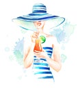 Girl in hat and swimsuit with a cocktail, watercolor illustration Royalty Free Stock Photo