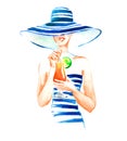 Girl in hat and swimsuit with cocktail, watercolor illustration on white background