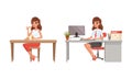 Girl Having Breakfast and Working with Laptop Computer at her Office Set, Young Woman Activity and Daily Routine Cartoon Royalty Free Stock Photo