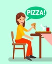 Girl Having Dinner in Pizzeria Flat Illustration