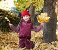 Girl having fun an make faces in autumn forest, yellow leaves and trees on background Royalty Free Stock Photo