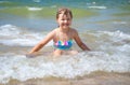 Girl of having fun in water on the beach and splashing