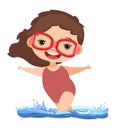 Girl is having fun. Waves of water in river, sea or ocean. Flow. Swimming, diving and water sports. diving goggles