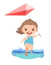 Girl is having fun. Waves of water in river, sea or ocean. Kite. Swimming, diving and water sports. Pool. Isolated on Royalty Free Stock Photo