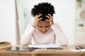 Girl Having Hard Time Doing Homework Online, Sitting Depressed Indoors