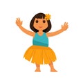 Girl from Hawaii in straw skirt and blue shirt