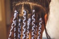 Girl head with braids from kanekalon material, creative hairstyle with thick plaits or pigtails also known as Afro braids