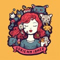 Girl with head of cat. Girl on kittys mind. cartoon drawing.