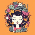 Girl with head of cat. Girl on kittys mind. cartoon drawing.