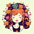 Girl with head of cat. Girl on kittys mind. cartoon drawing.