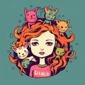 Girl with head of cat. Girl on kittys mind. cartoon drawing. Royalty Free Stock Photo