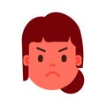 Girl head emoji personage icon with facial emotions, avatar character, woman angry face with different female emotions