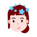 Girl head emoji personage icon with facial emotions, avatar character, woman vertigo face with different female emotions