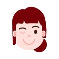 Girl head emoji personage icon with facial emotions, avatar character, woman wink face with different female emotions