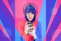 Art collage with funky beautiful young woman with blue hair on multicolor background. Girl with headphone listens Royalty Free Stock Photo
