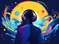 girl in headphones listening music. fantasy graffiti illustration. watercolor painting, in the style of stencil and