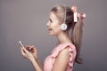 Girl with headphones listening music and having fun. Royalty Free Stock Photo