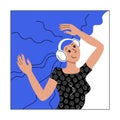Girl with headphones listening to music dancing smiling. Concept of harmony happiness joy. Flat modern character web ui Royalty Free Stock Photo