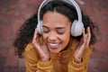 Girl, headphones and listening to music outdoor with inspirational, wellness and mental health podcast. Happy young Royalty Free Stock Photo