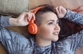 Girl in headphones listening to music Royalty Free Stock Photo