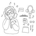 Girl in headphones listens to music. Vector illustration. Collection doodles podcast, music, hobby and cute female
