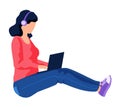 Girl with headphones sits with computer. Female freelancer is working or studying at laptop