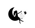 Girl holding open bird cage and flying bird silhouette, vector Royalty Free Stock Photo