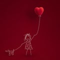 a girl with a heart-shaped balloon and a dog on a leash. cute children's drawing symbolizing peace and love, valentine's Royalty Free Stock Photo