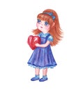 Girl with a heart. Watercolor illustration to Valentine`s Day.