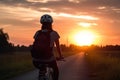 A girl in a helmet and with a backpack rides a bicycle at sunset, rear view. Generative AI