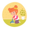 Girl helping sweep floor with dustpan in living room. Kid helps cleaning litter on floor at home vector illustration