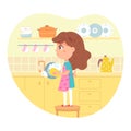 Girl helping wash dishes in kitchen. Kid helps clean plates with soap and sponge at home vector illustration. Girl
